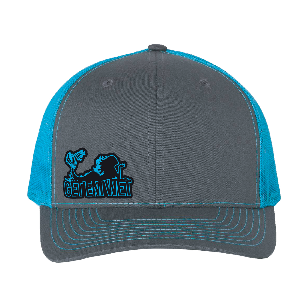 Blue glow-in-the-dark Get Em Wet mermaid trucker hat