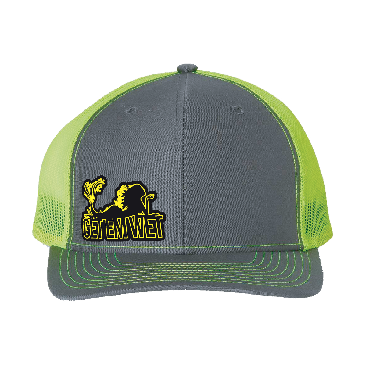 Yellow glow-in-the-dark Get Em Wet mermaid trucker hat