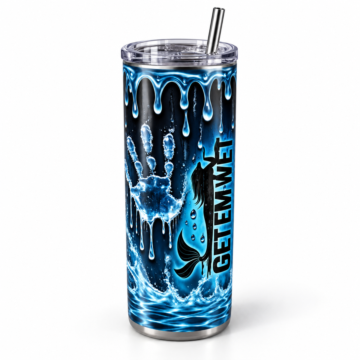 Finished Water Drip tumbler mockup showing the full cup, lid and straw