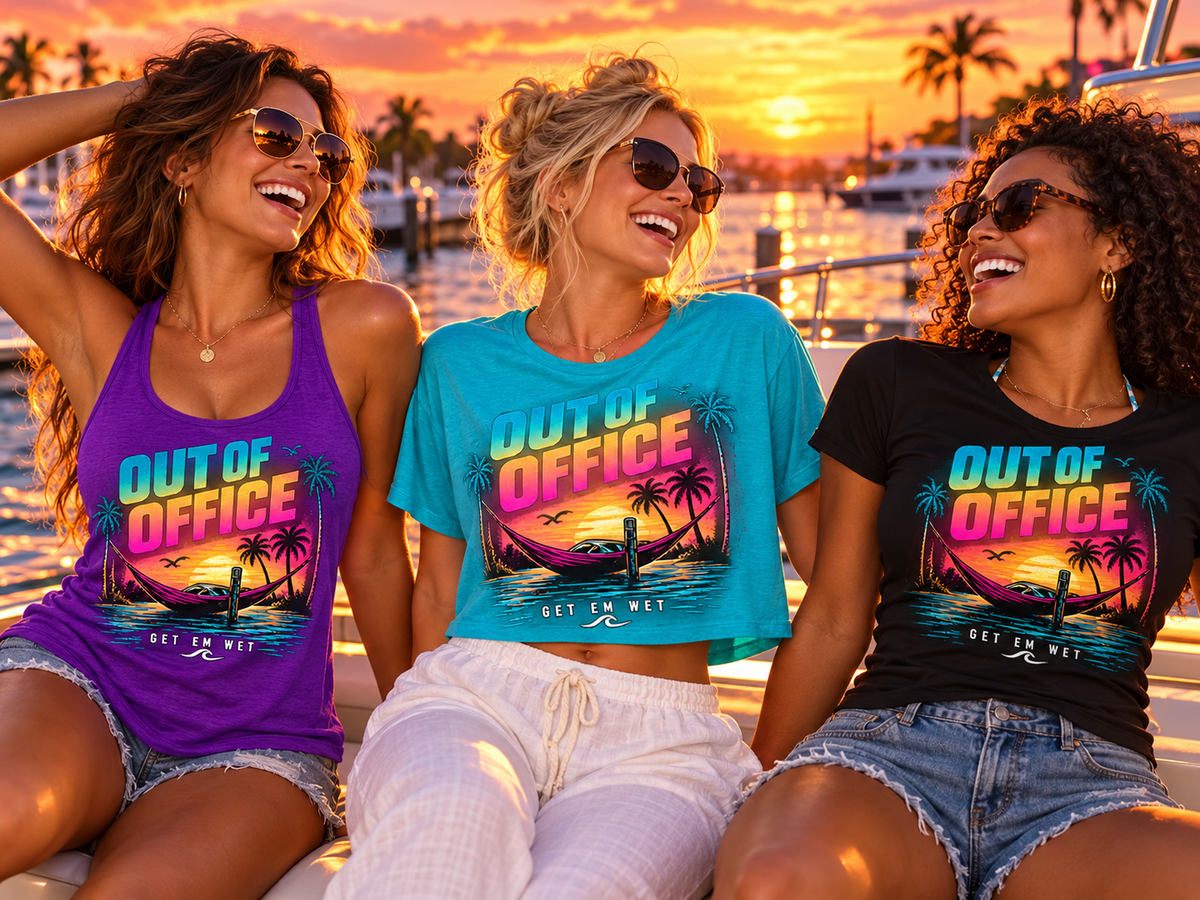 Three women modeling Out of Office racerback tank, crop top, and T-shirt