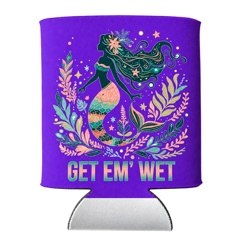 Botanical Mermaid logo on purple koozie