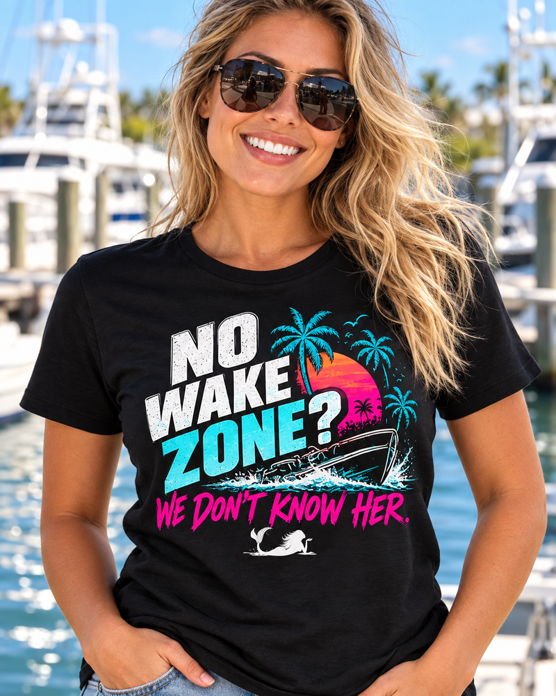 Modeled Get Em Wet shirt design No Wake Zone