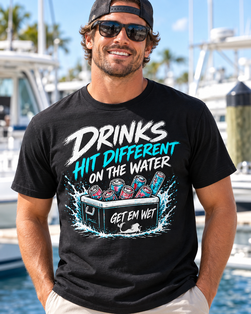 Modeled Get Em Wet shirt design Drinks Hit Different