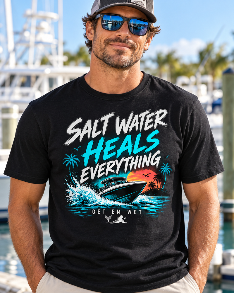 Modeled Get Em Wet shirt design Salt Water Heals Everything