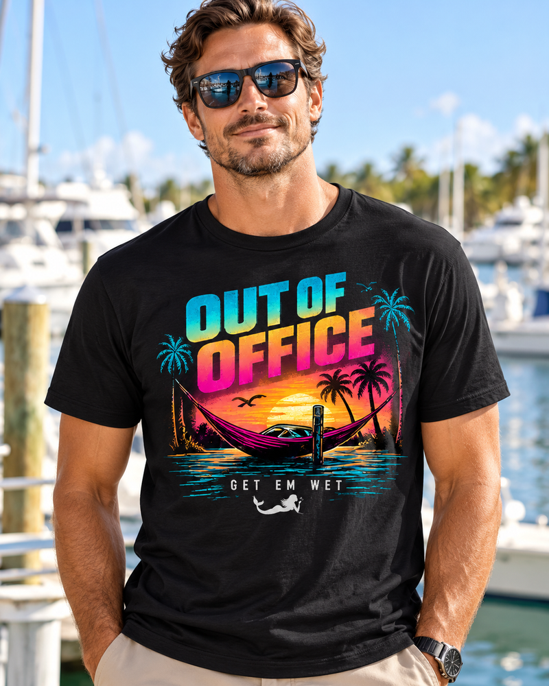 Modeled Get Em Wet shirt design Out Of Office